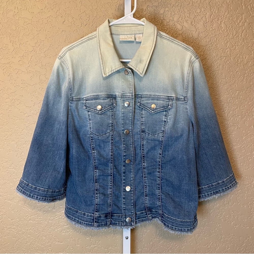 Chico's Ombre Bell Sleeve Raw Hem Denim Jean Jacket - Size 2 Medium